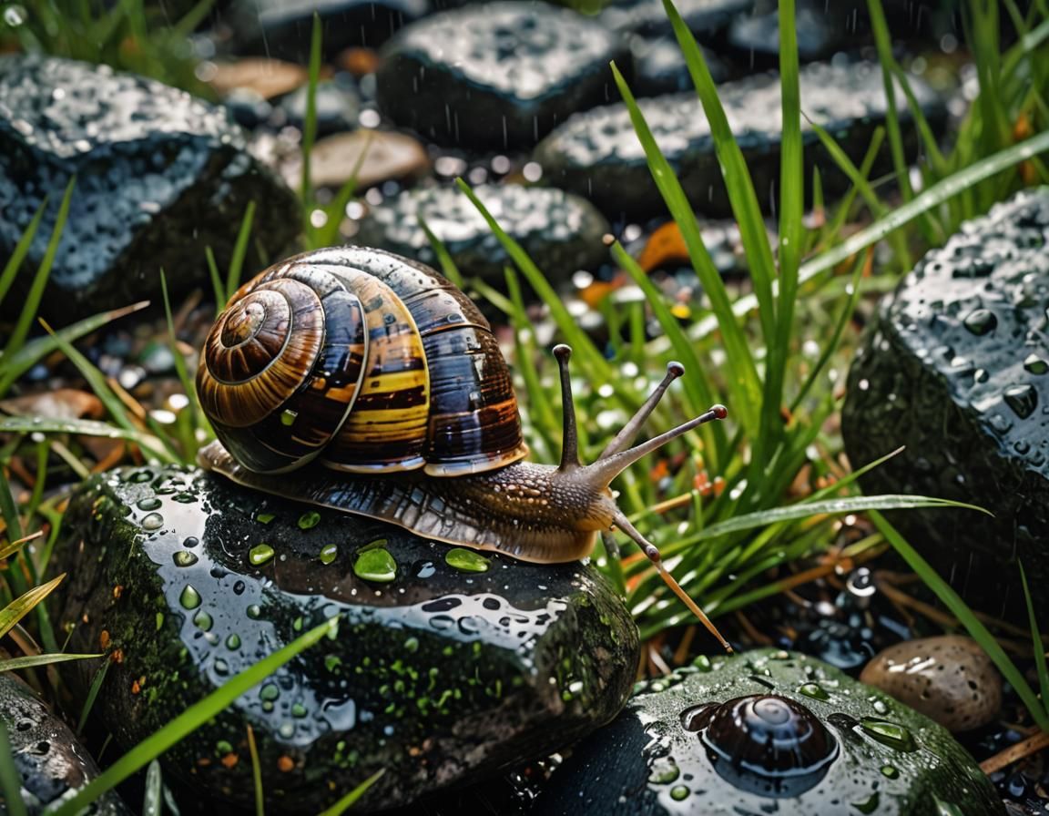 Snail on Rain-Soaked Rocks in Hyperrealism