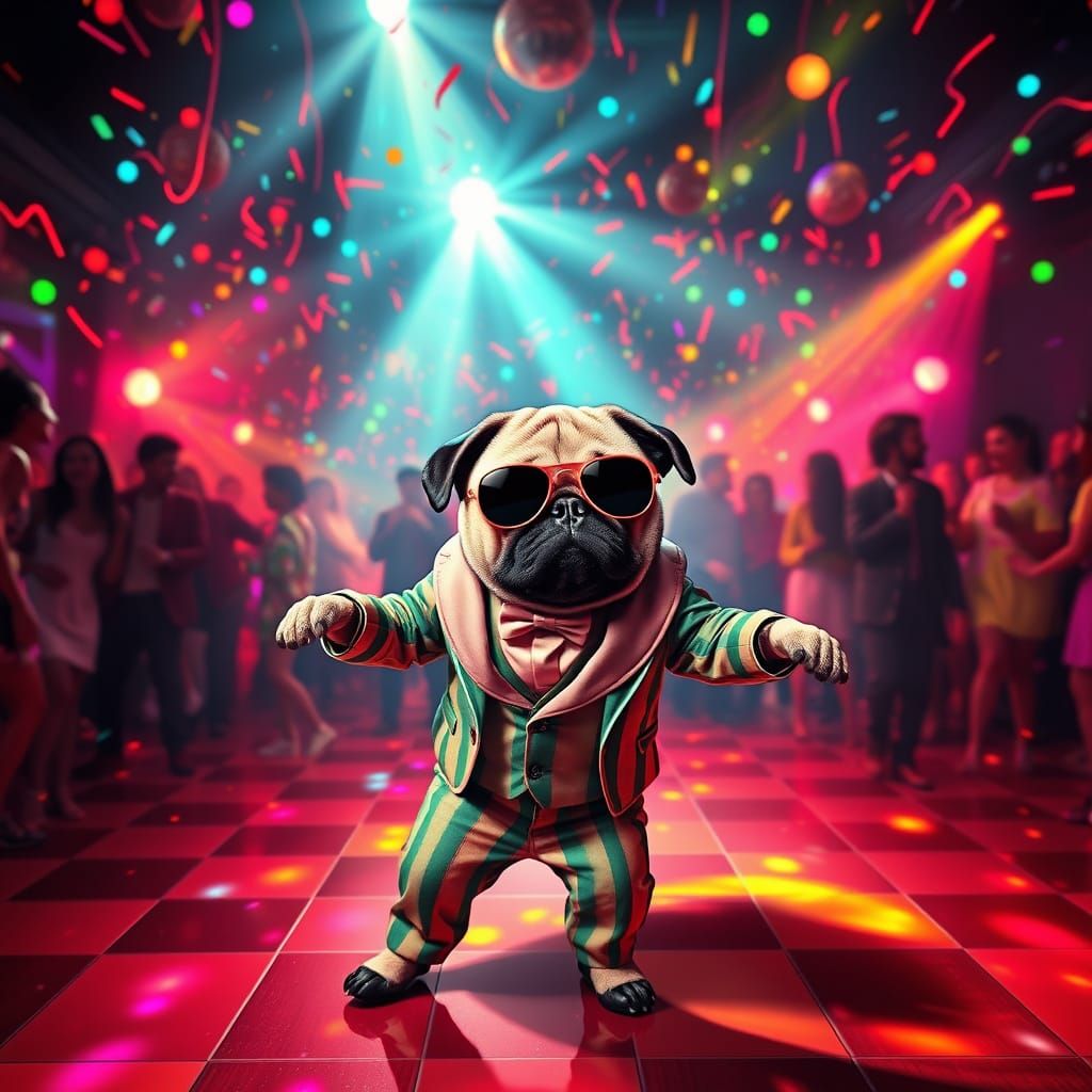 Vibrant Disco Pug in a Whimsical Dance Floor Scene