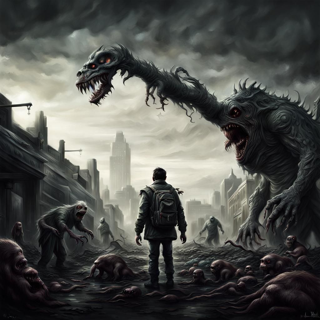 Dystopian Monster Eats Children: Hyperrealistic HDR Image