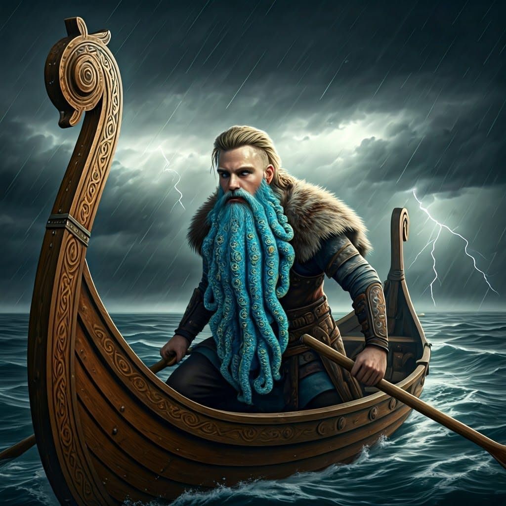 Viking Warrior with Octopus Beard in Stormy Seas