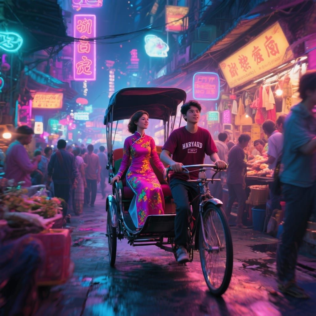 Rickshaw Ride Through Neon-Lit Vietnamese Market