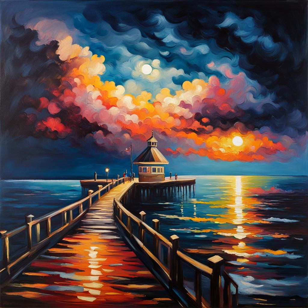 Coastal Pier at Night: Impasto Oil Painting