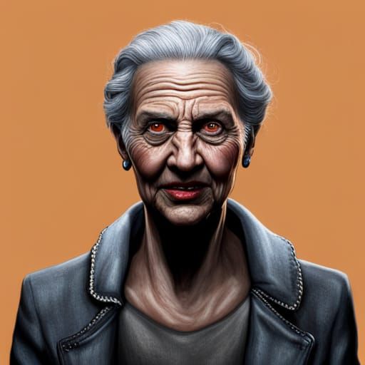 Hyperrealistic Granny with Red Eyes and Evil Smile