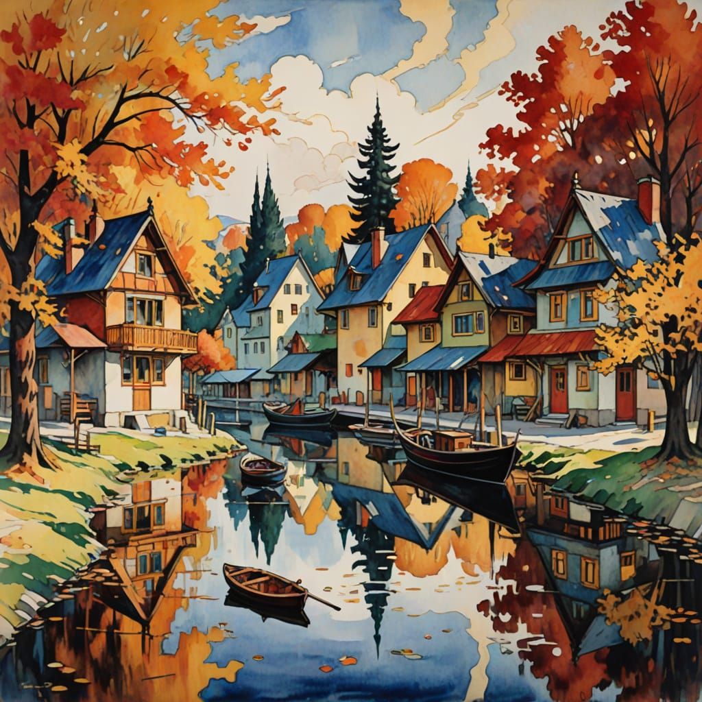 Dreamy Lakeside Neighborhood in Watercolor Style