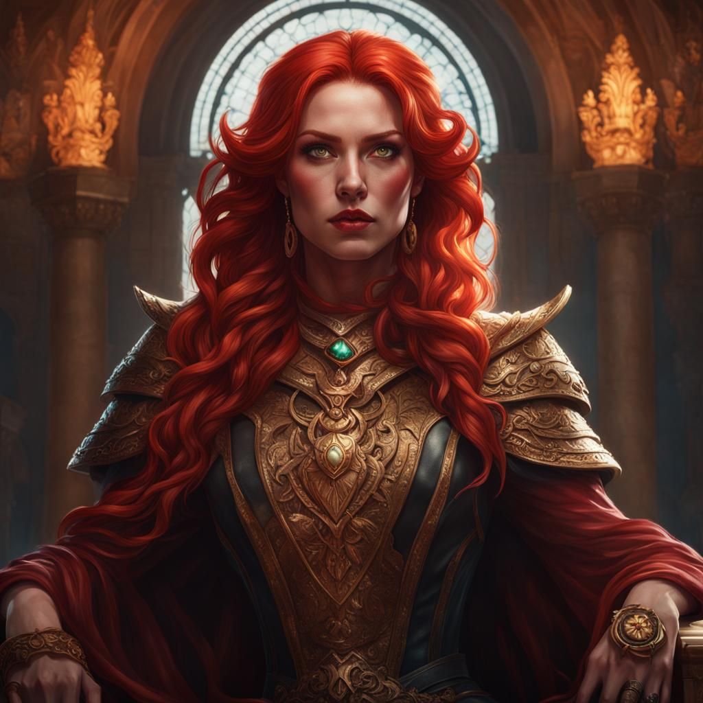 Evil Red-Haired Woman on Stone Throne: Detailed Portrait
