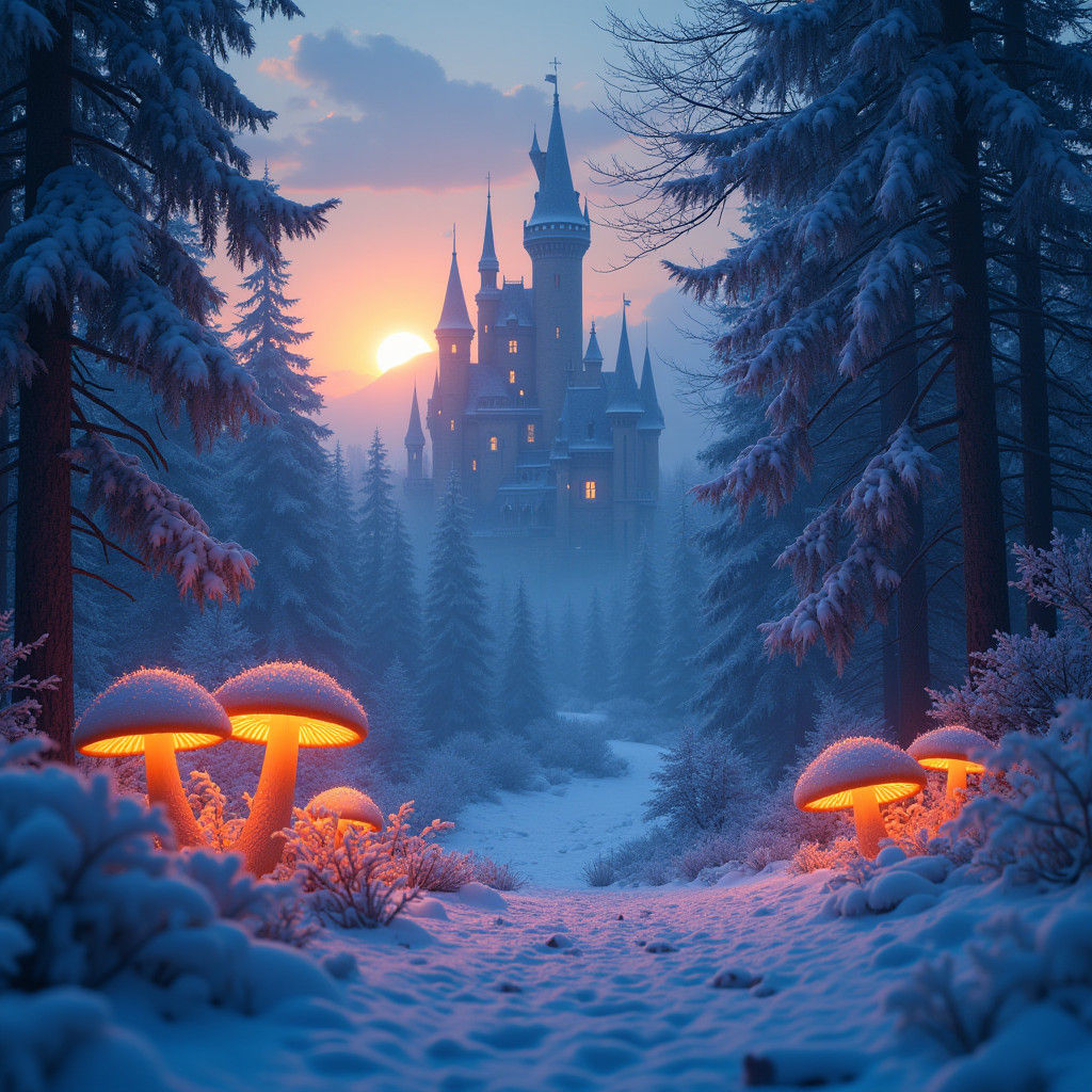 Winter Forest with Glowing Mushrooms and Castle