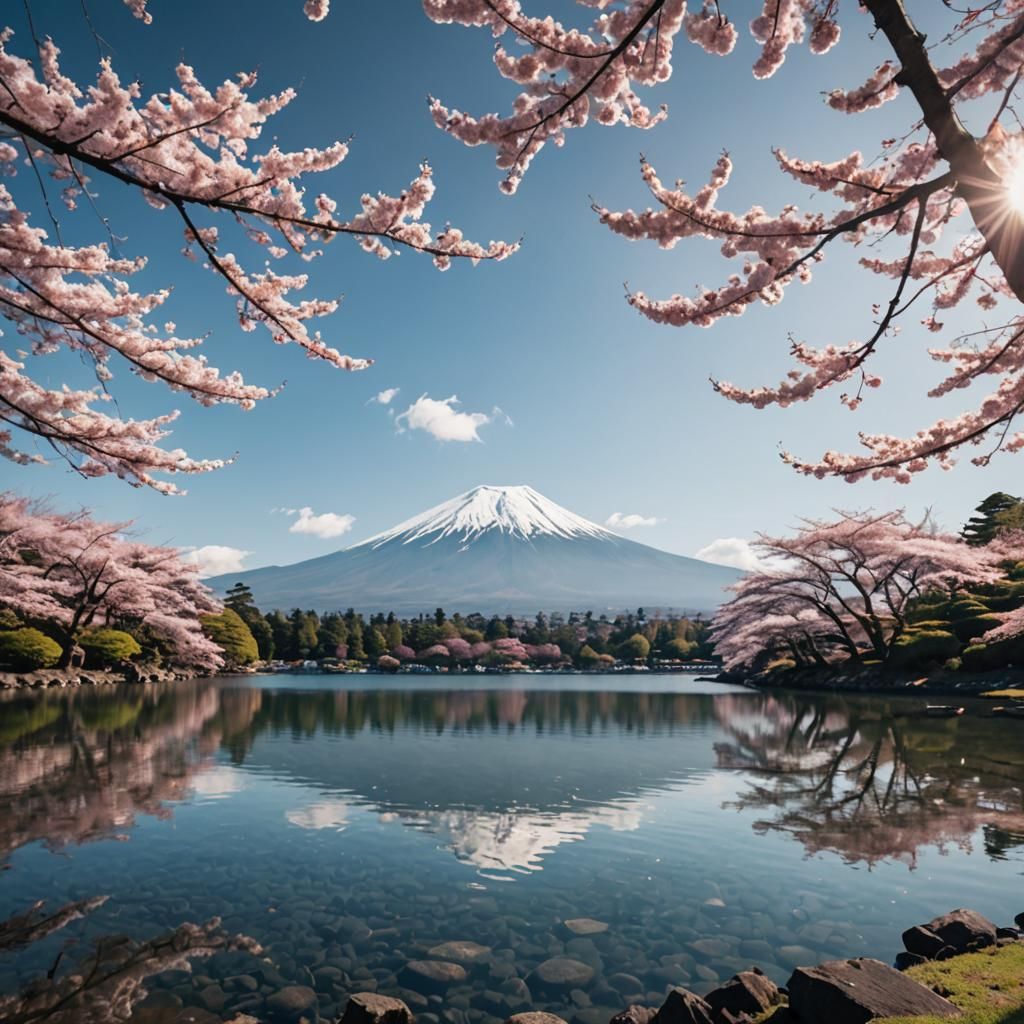 Mount Fuji and Sakura Trees in Pre-Raphaelite Style