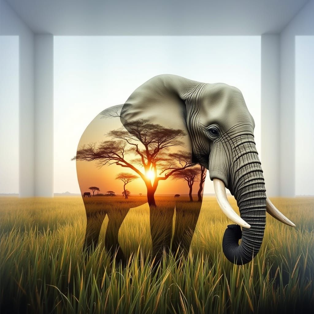 Double exposure portrait painting of a Elephan...
