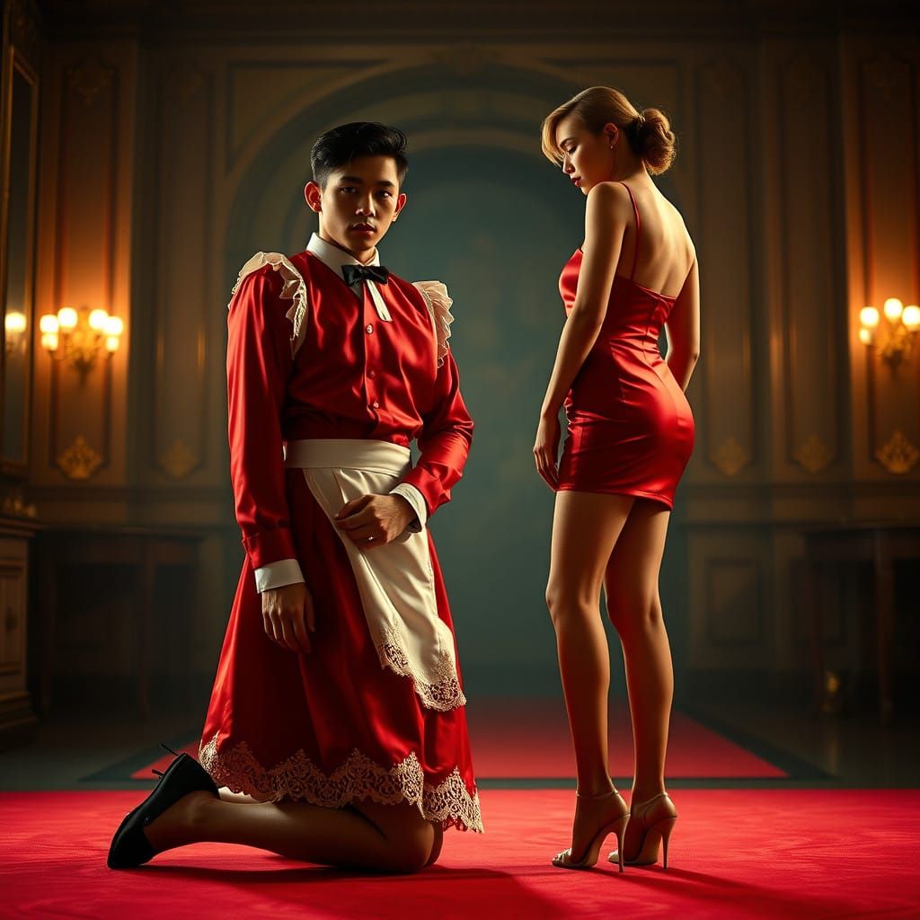 Dashing Young Man in Red Satin French Maid Uniform Kneels Be...