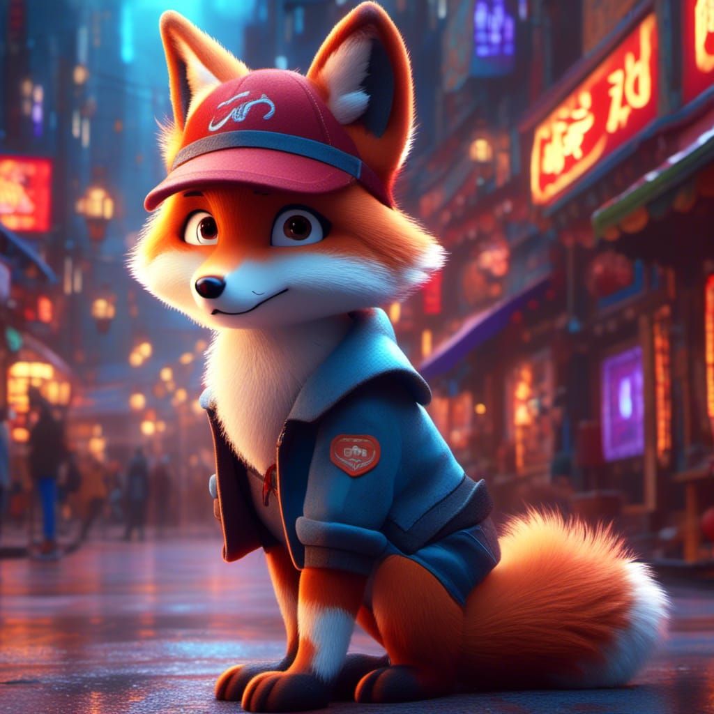 Hyperrealistic Fox Boy in Anime City