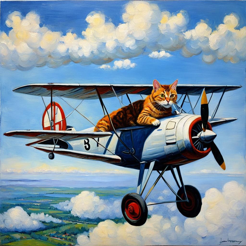 Cat Pilot in Airplane, Oil Painting