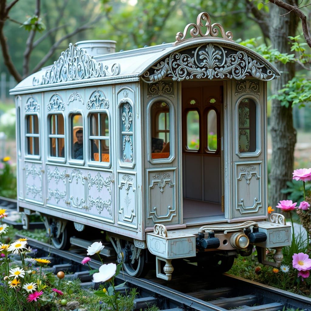 Filigree Train Car in Fairy Garden, Watercolor Style