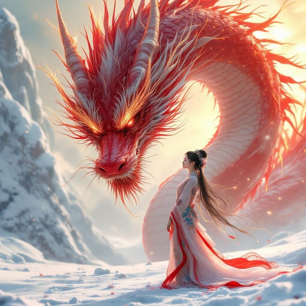 Majestic Red Dragon and Woman in Snowy Landscape