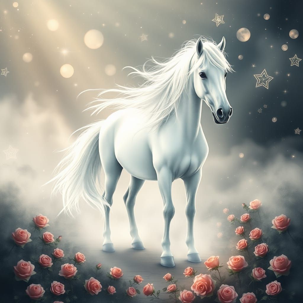 Dreamy White Horse in Watercolor Landscape