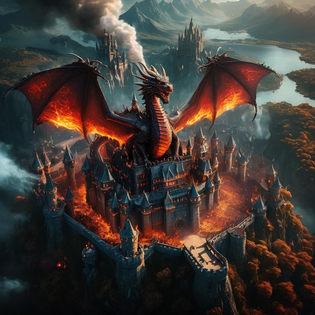 Majestic Dragon Castle Ablaze: Epic Fantasy Art