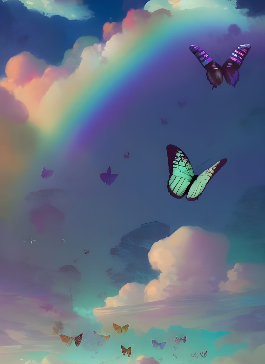 Iridescent Butterflies in Rainbow Sky: Pop Art Illustration