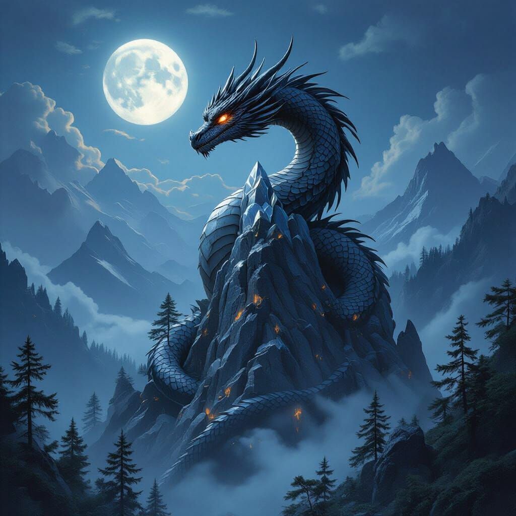 Obsidian Dragon Coiled on Crystal Mountain in Fantasy Art