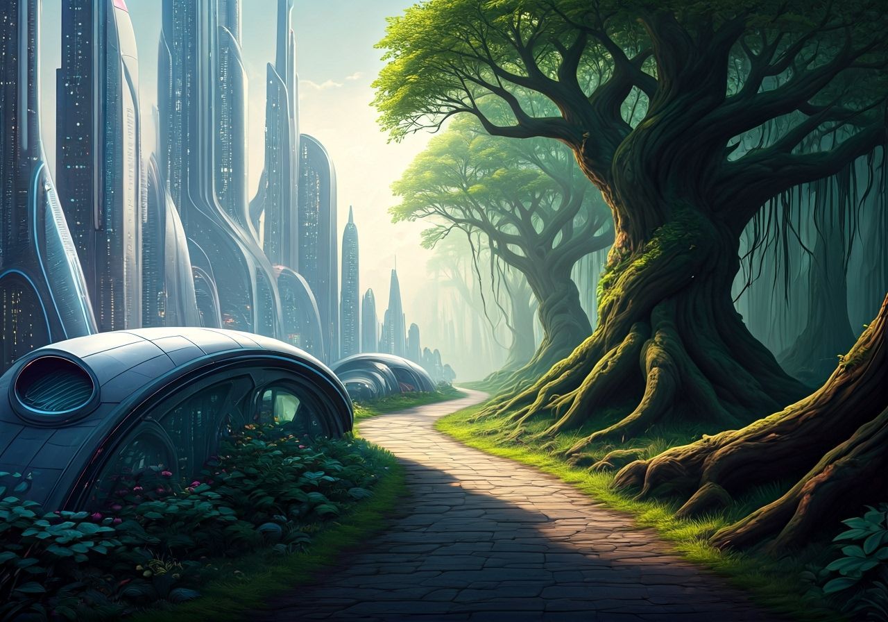 City and Forest Merge in Retro-Futuristic Style