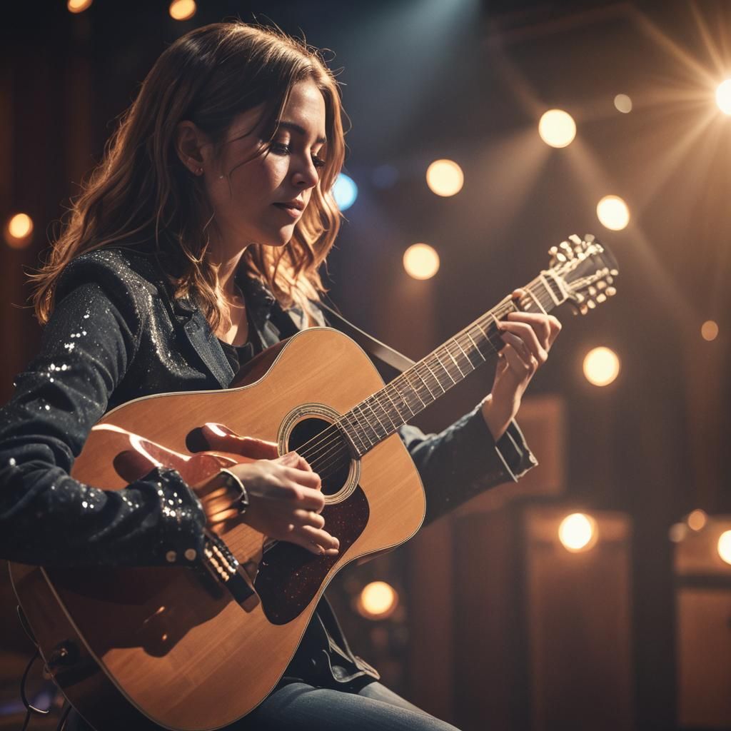 Woman Plays Guitar on Concert Stage in Photo Realistic Style