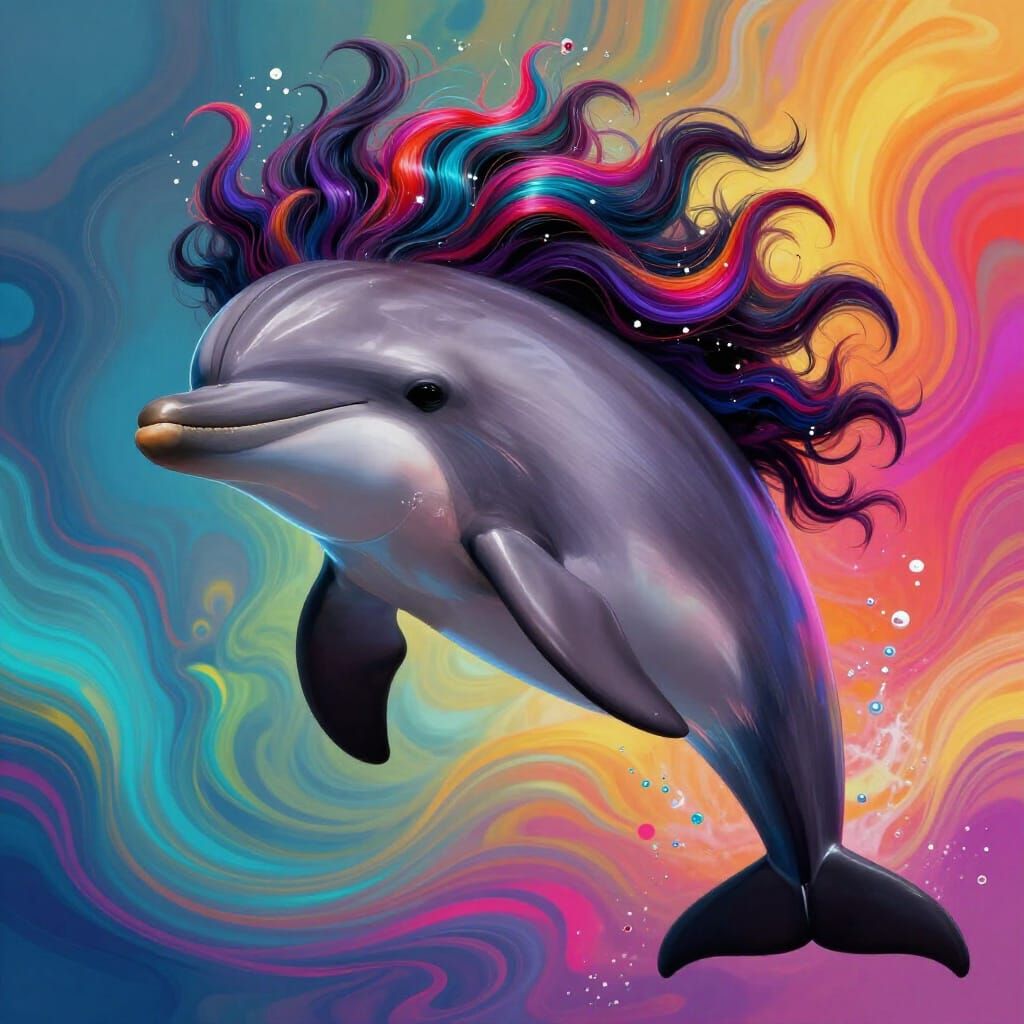 Dolphin with Colorful Afro Hair in Hyperrealistic Splash Art...