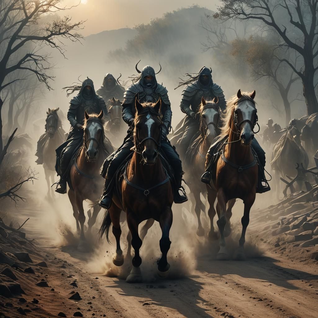 Apocalypse Horsemen Ride on Misty Morning Road