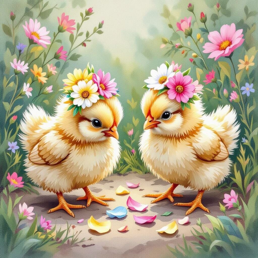 Whimsical Baby Chickens in Watercolor Garden