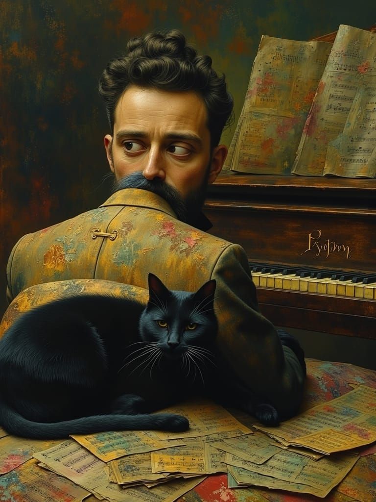 Composer with Black Cat at Piano in Nostalgic Style