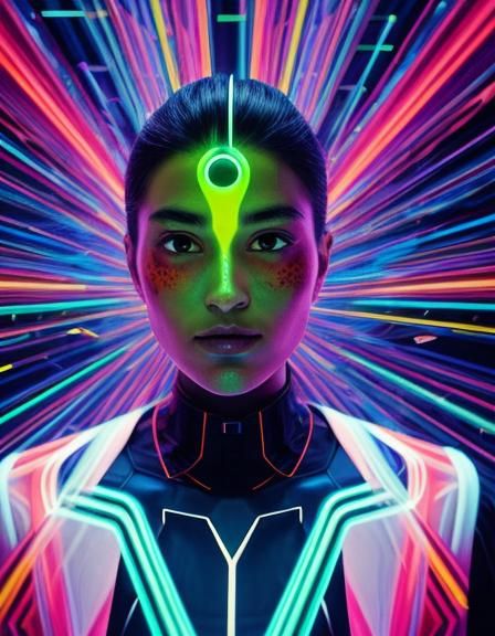 Woman in Futuristic Glass Sculpture with Red Lasers