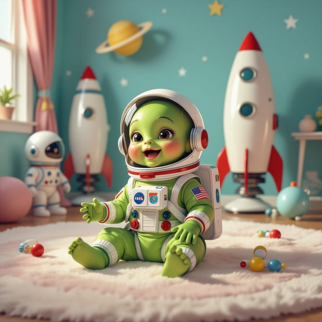 Playful Alien Toddler with Rocketships, Whimsical Art