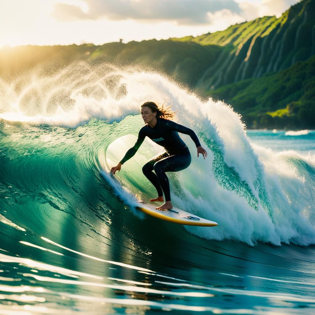 Female Surfer Rides Barrel Wave in Hawaii