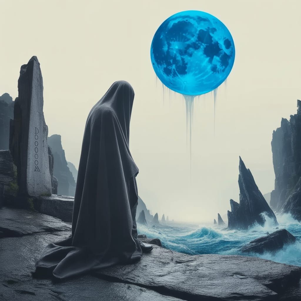 Lone Figure Under Blue Moon Above Stormy Sea
