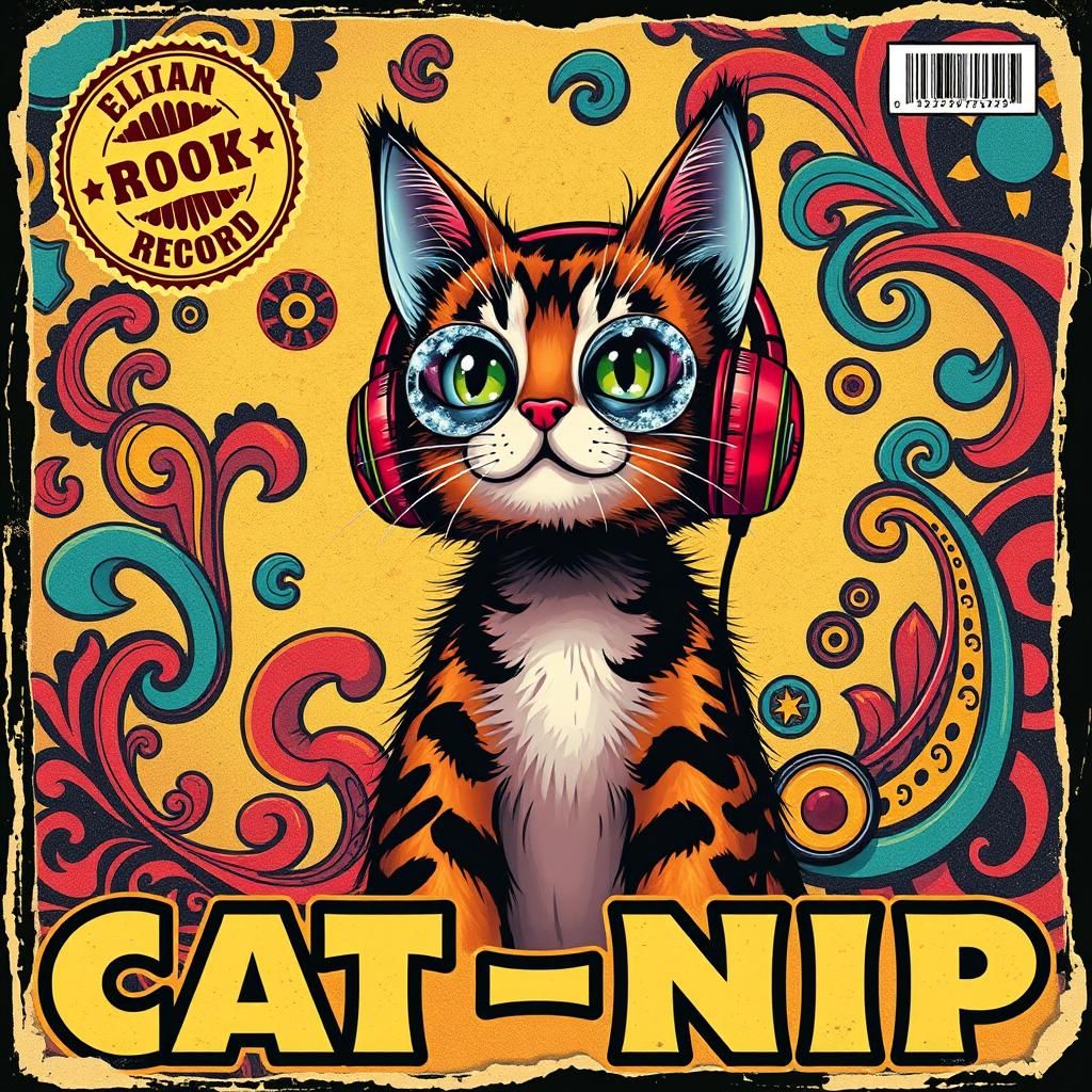Retro Rock Album Cover with Psychedelic Cat