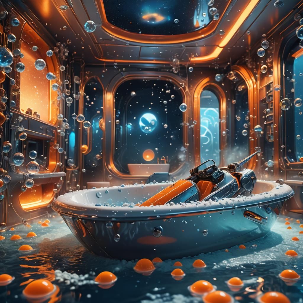 Spaceship in Bathtub: Neon Lights and Bubbles