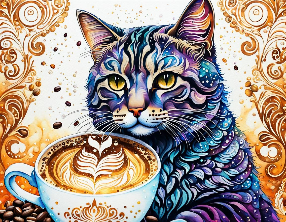 Latte Art Cat Sketch in Watercolor Style