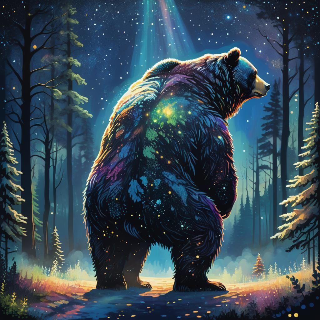 Surreal Bear Silhouette in Neo-Impressionist Starry Night
