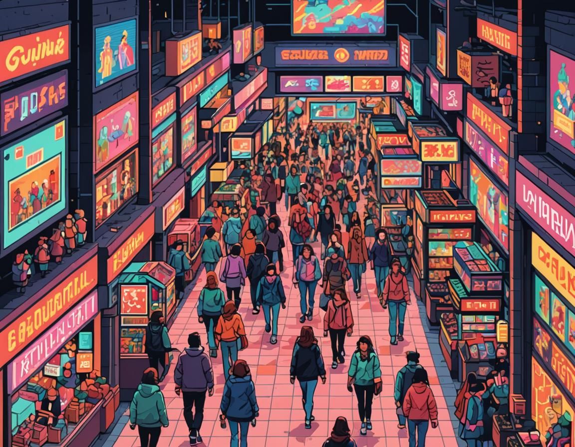 Woman Shopping in Crowded Mall as Pixel Art
