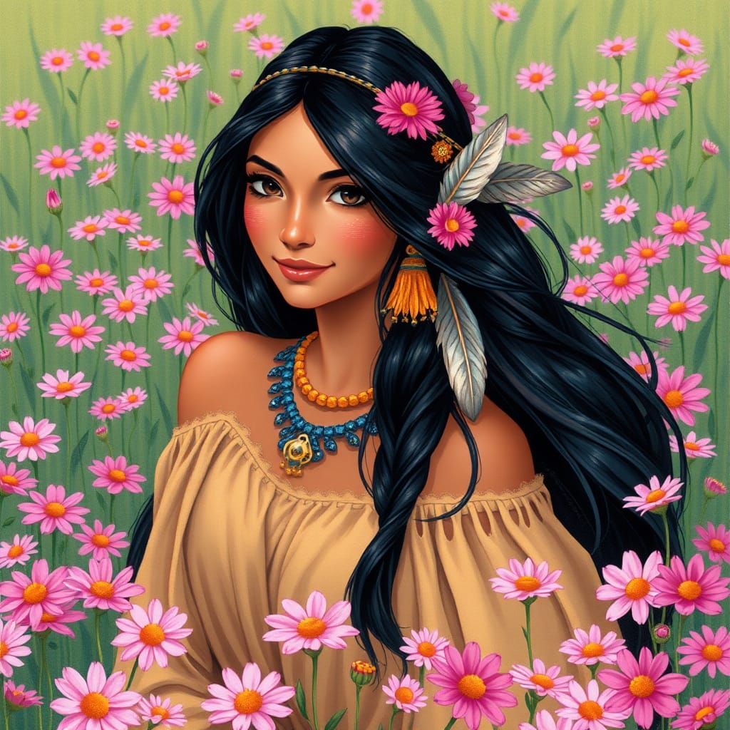 Pocahontas in a Meadow of Pink Daisies
