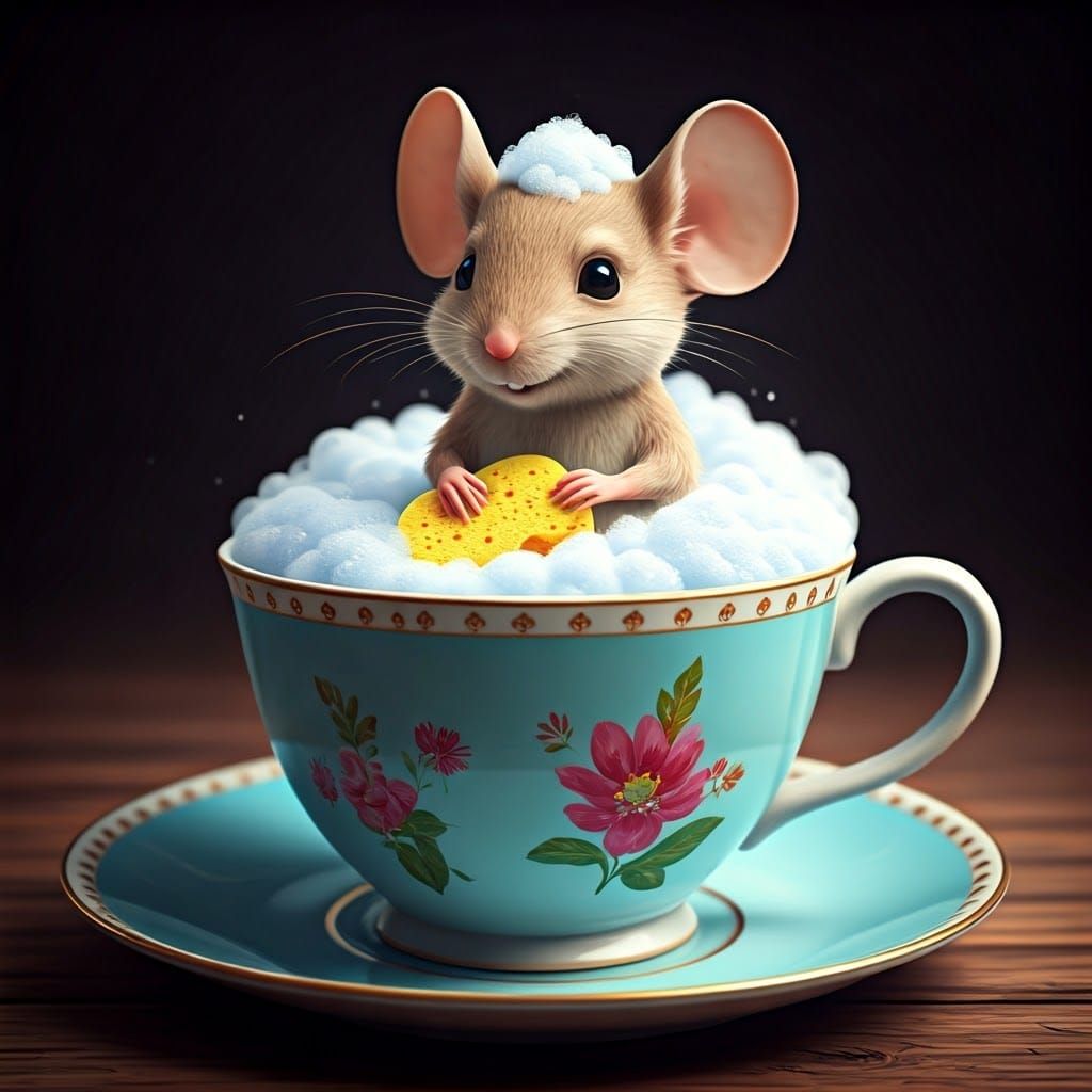 Pequeño tomando un baño en la taza de té de la abuela