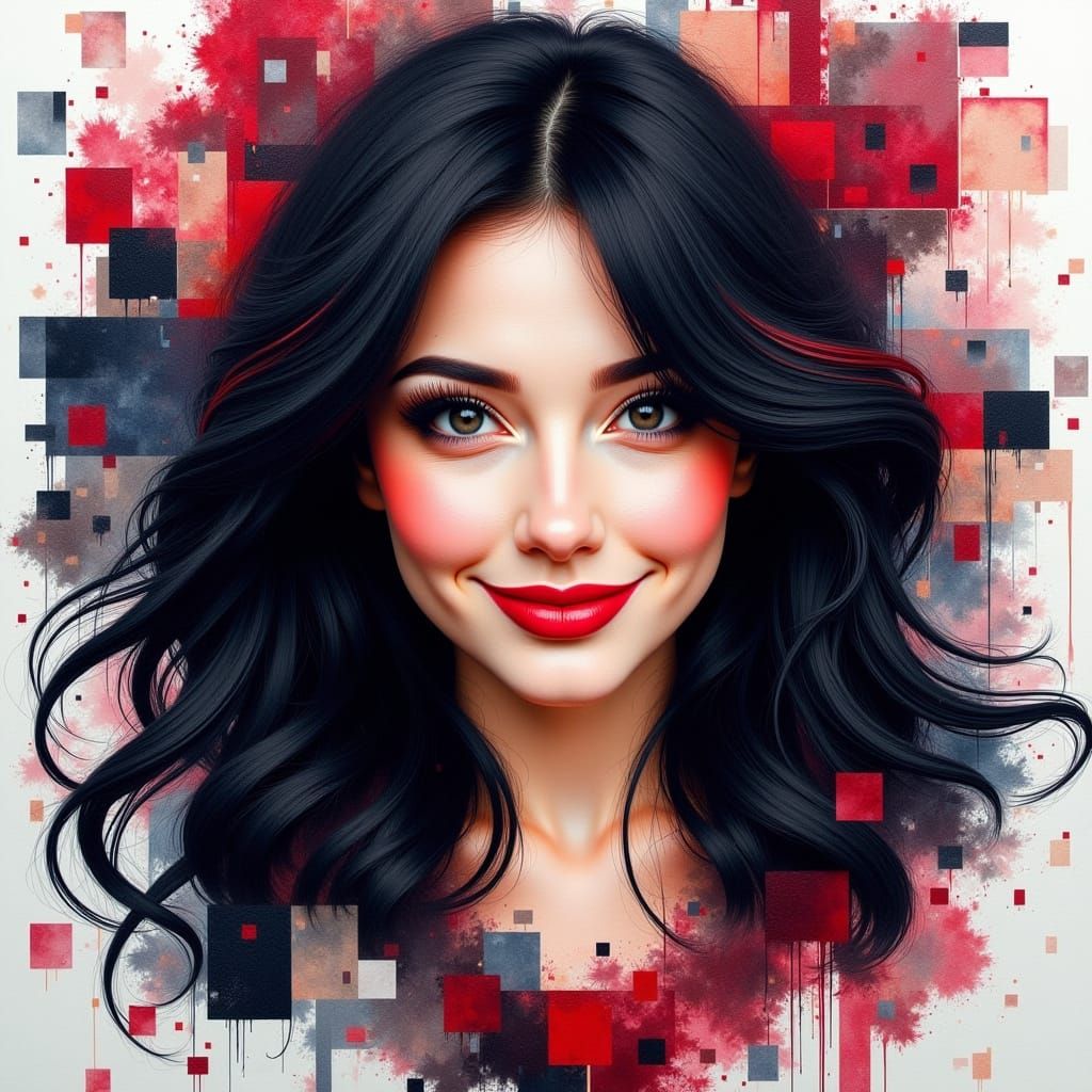 watercolours alcohol ink illustration of a beautiful, French woman smiling with flowing wavy black hair, The...