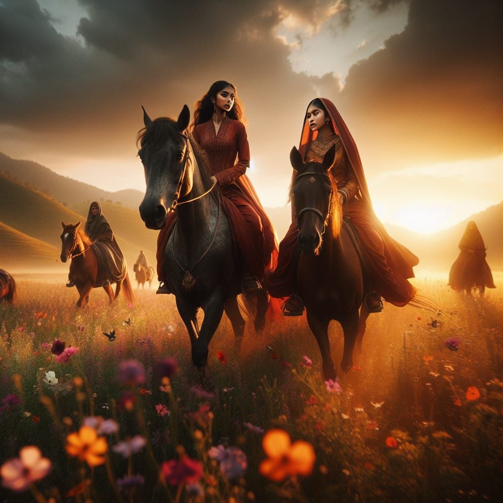 Girls Riding Horses in Golden Hour Meadow