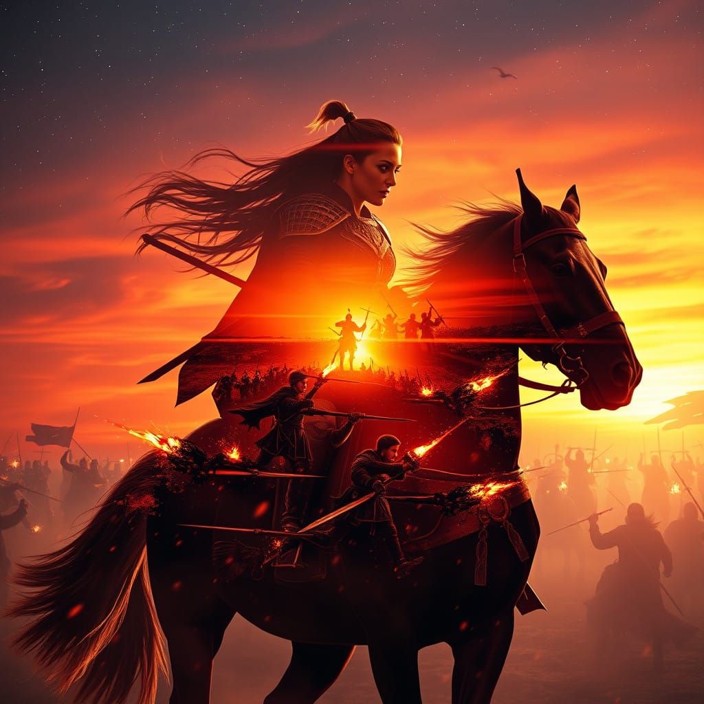 Epic Female Warrior in a Fiery Sunset Amidst War
