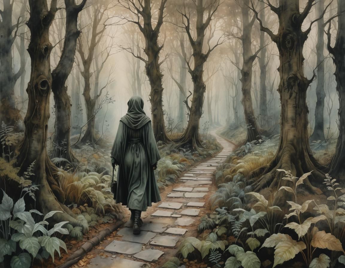 Ethereal Figure on Misty Path in Fantasy Noir Watercolor