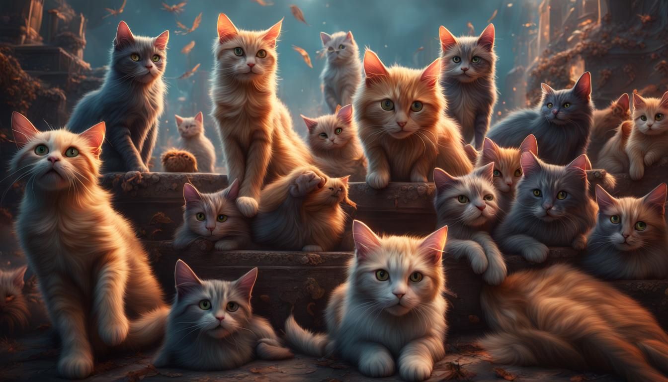 Fantastical Gathering of Cats in Detailed Matte Painting