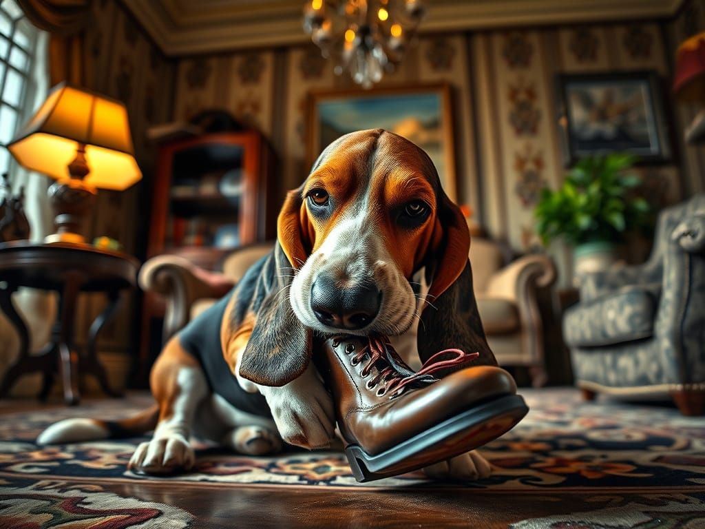 Basset Hound Chewing Shoe in Art Deco Living Room