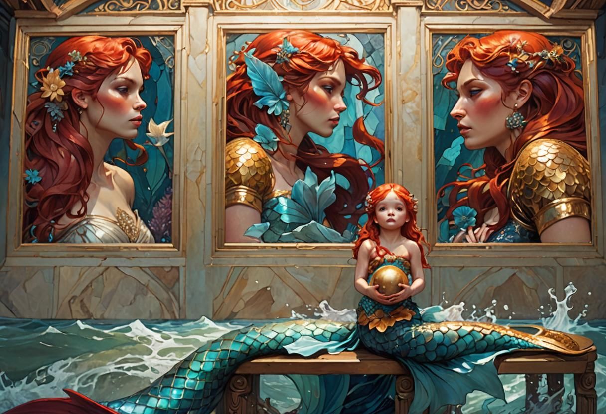 Mermaid and Child Portrait in Art Nouveau Style