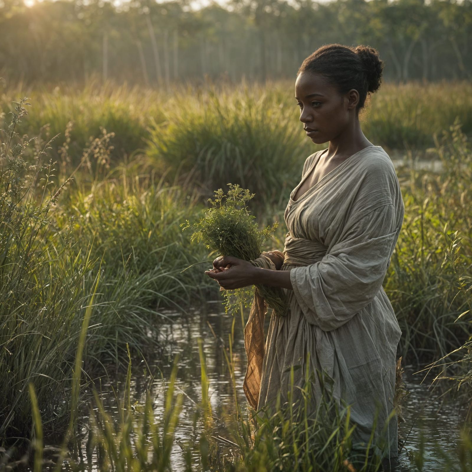 African Woman at Swamp's Edge: Cinematic Film Still