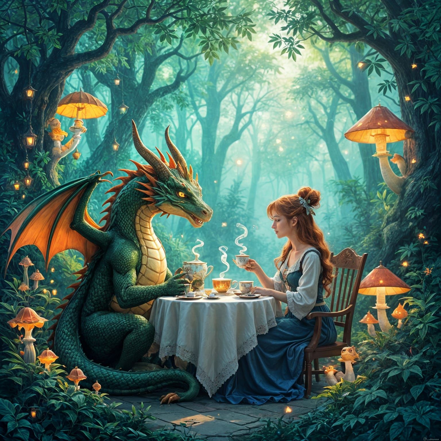 Dragon and Librarian Tea Party in Surreal Forest