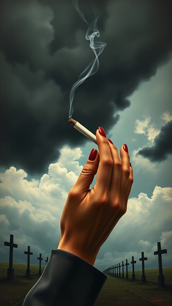 A Realistic Hand Holds a Cigarette Amidst a Stormy Sky with ...