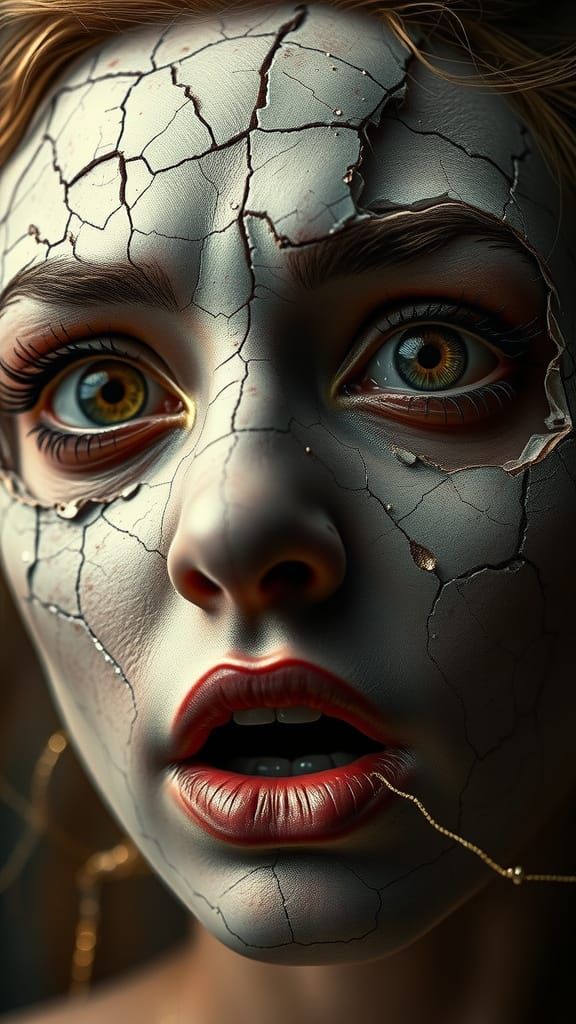 Cracked Porcelain Face Reveals Surreal Interior World