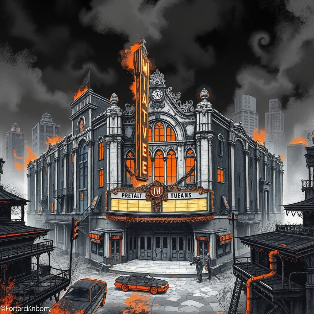 Decaying Victorian Theater in Burnt Cityscape